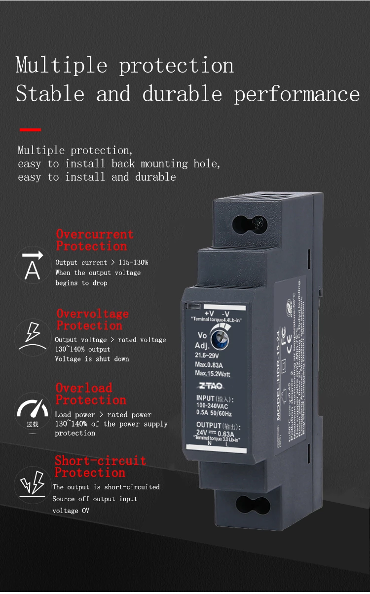 Hdr-15-24 15w Small Volume Rail Type 24v 0.63a Switching Power Supply