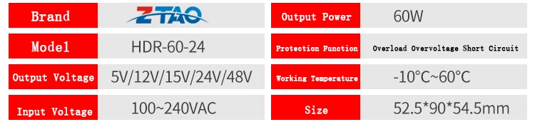 Smps 12v 5a 24v 2.5a Hdr-60-24 60w Ac Dc Switching Power Supply for Led Driver
