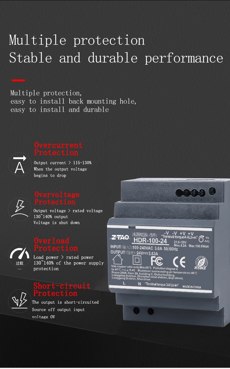 HDR-100-24 Single output 24V 4.2A 12V 8.33A 100W AC DC Switching Power Supply