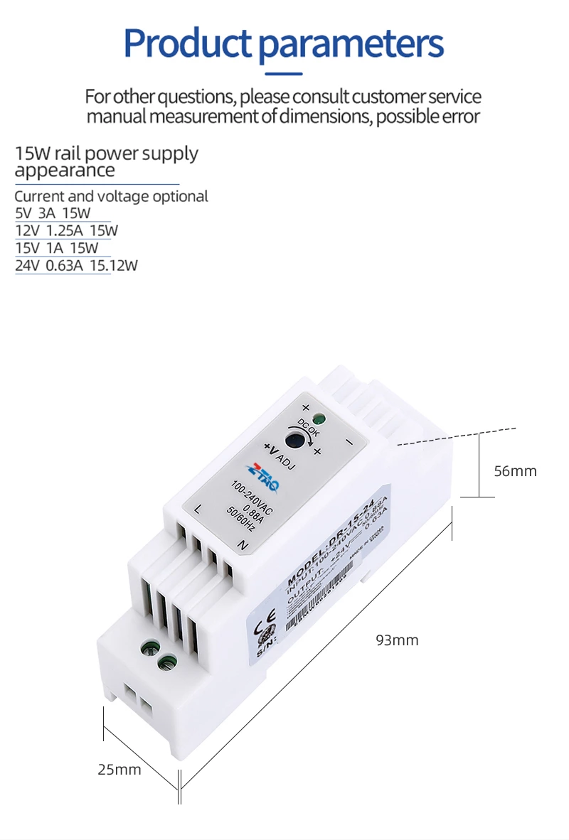 DIN Rail AC/DC 24V 15W 0.625A Led Driver Switching Mode Power Supply for Led