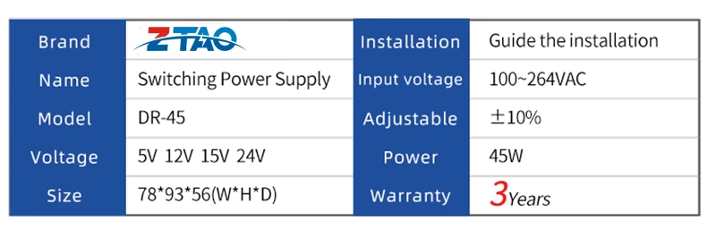 DR-45-24 DIN Rail Single Output ZTAOJT 45W 24V 2A Led Switching Power Supply