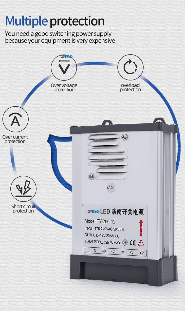 FY-250 250w 5V 50A 12v 20A 24v 10.4A LED Light Driver Rain Proof Switching Power Supply for Outdoors