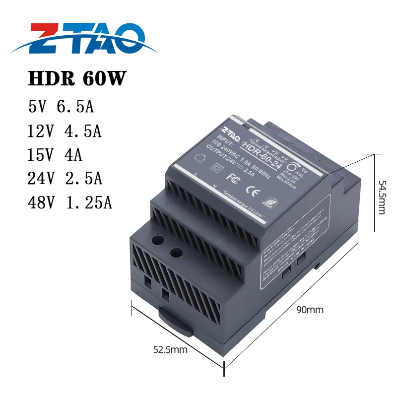 Smps 12v 5a 24v 2.5a Hdr-60-24 60w Ac Dc Switching Power Supply for Led Driver
