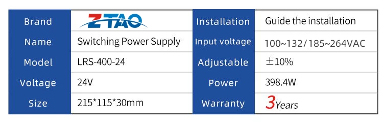 LRS Series PSU AC to DC 24v 16.6A 400w Switching Power Supply for Automation Equipment.
