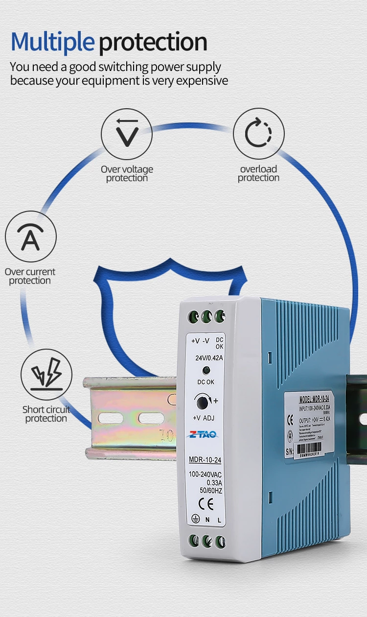 10w Smps 12 volt Din Rail Power Supply Mdr-10-24 Ac to Dc 12v 24v Industrial Switching Power Supply