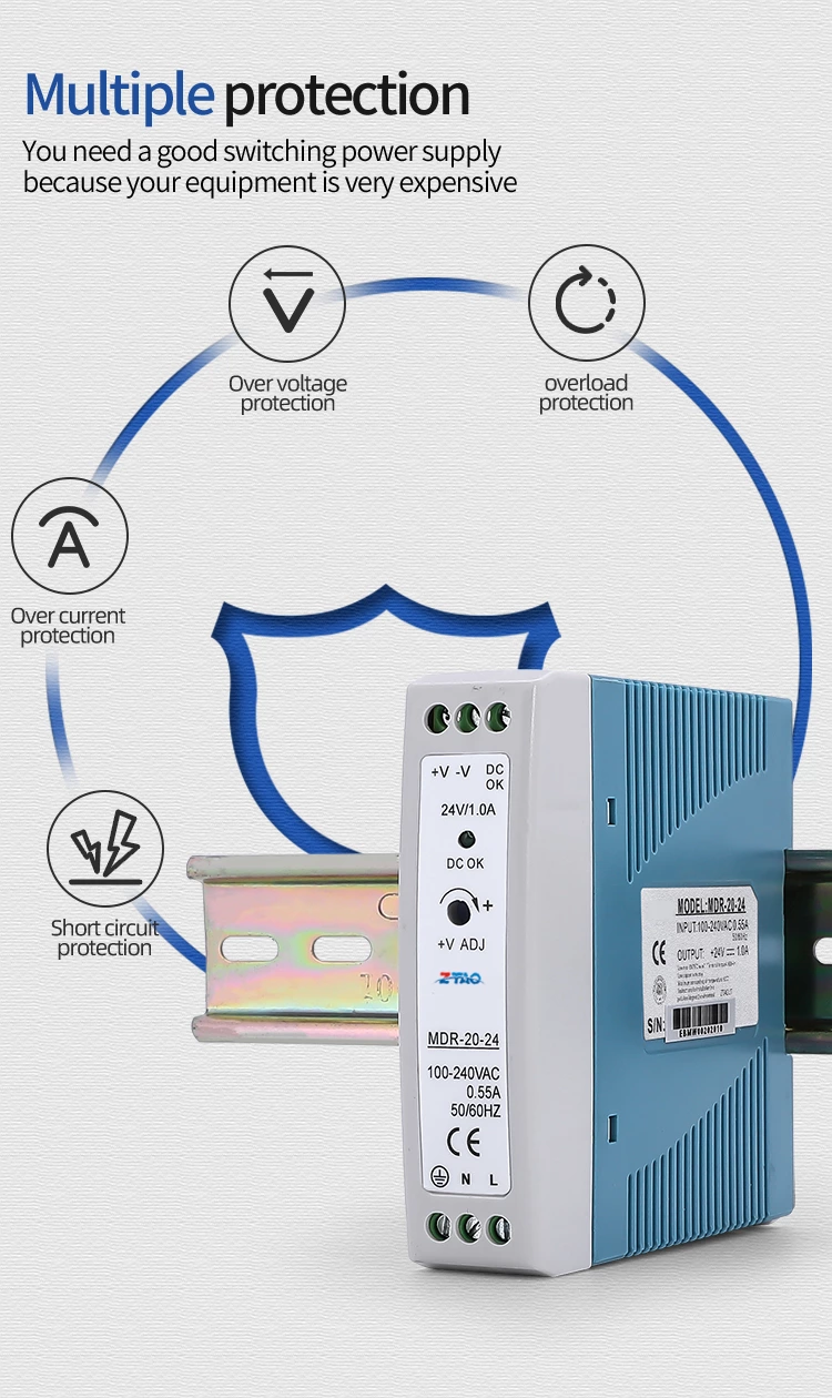 Manufacture Dc Output 20w 5v 12v 15v 24v Mdr-20-24 24v Smps Din Rail Switching Power Supply