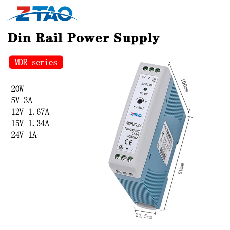 Manufacture Dc Output 20w 5v 12v 15v 24v Mdr-20-24 24v Smps Din Rail Switching Power Supply