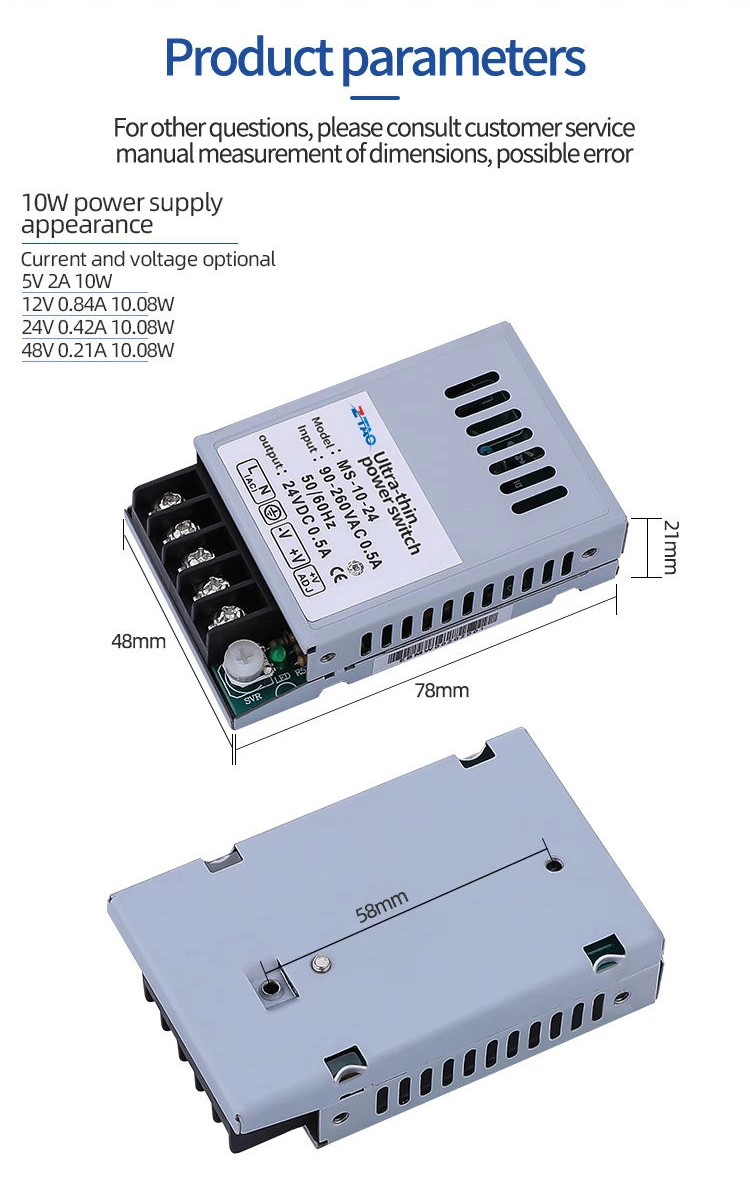 Ms-10-24  5v 2a 12v 0.84a 24v 0.42a 36v 0.28a 48v 0.21a 10w Mini Size Dc Switching Power Supply for Led