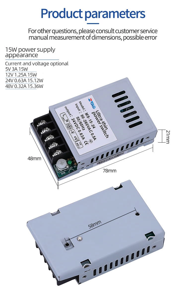 MS-15-24 15w Mini Size Smps 5V 3A 12V 1.25A 24V 0.63A Ac Dc Switching Power Supply 24vdc for LED Display