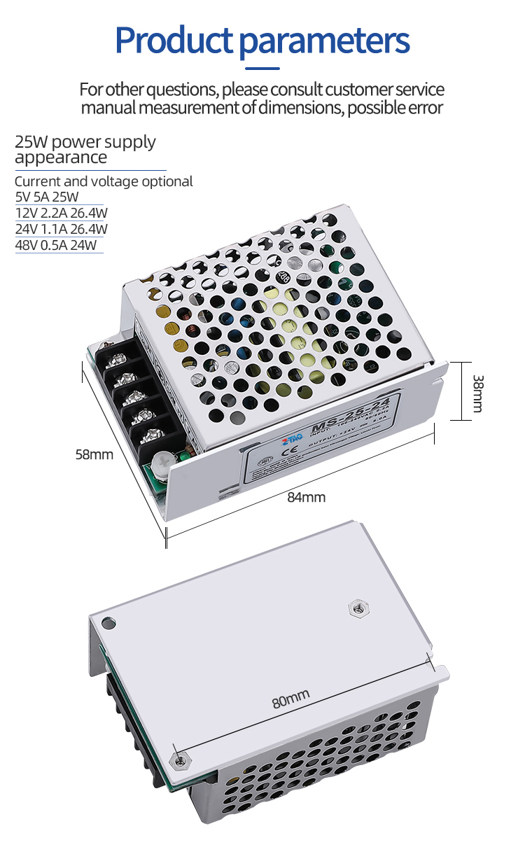 MS-25-24 5V 12V 2A 24V 1.7A Smps AC DC MS Size 25W Switching Power Supply for CCTV Camera LED