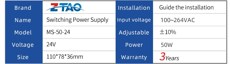 MS-50-24 5V 12V 24V 36V 48V 8A 4.2A 2.1A 1.4A 1.1A 50W Ac Dc Switching Power Supply