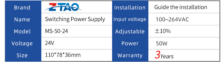 MS-50-24 5V 12V 24V 36V 48V 8A 4.2A 2.1A 1.4A 1.1A 50W Ac Dc Switching Power Supply