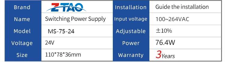 Ms-75-24 24v 75w 3.2a 12V 6.4A 5V 10A Ac to Dc Mini Switching Power Supply