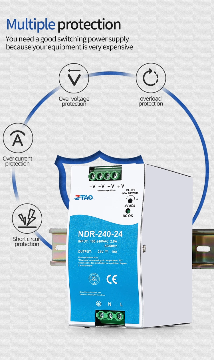 NDR-240-24 240w Din Rail 24v 10A 48v 5A Dc Switching Power Supply for Leds