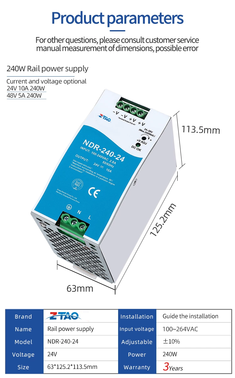 NDR-240-24 240w Din Rail 24v 10A 48v 5A Dc Switching Power Supply for Leds