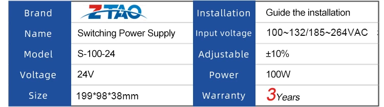 ZTAO 5v 12v 24v 36v 48v S-100-24 100w 4.2a AC DC Switching Power Supply