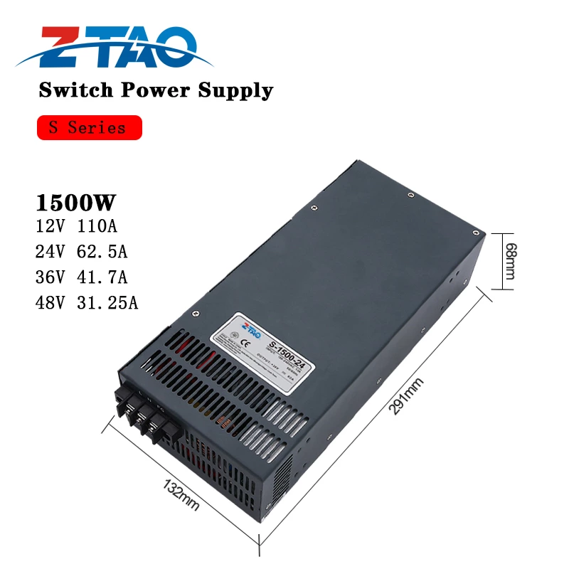 High Quality S-1500-24 Led Lighting Smps 1500w 24v 62.5A Ac to Dc Switching Power Supply with Fan Supply
