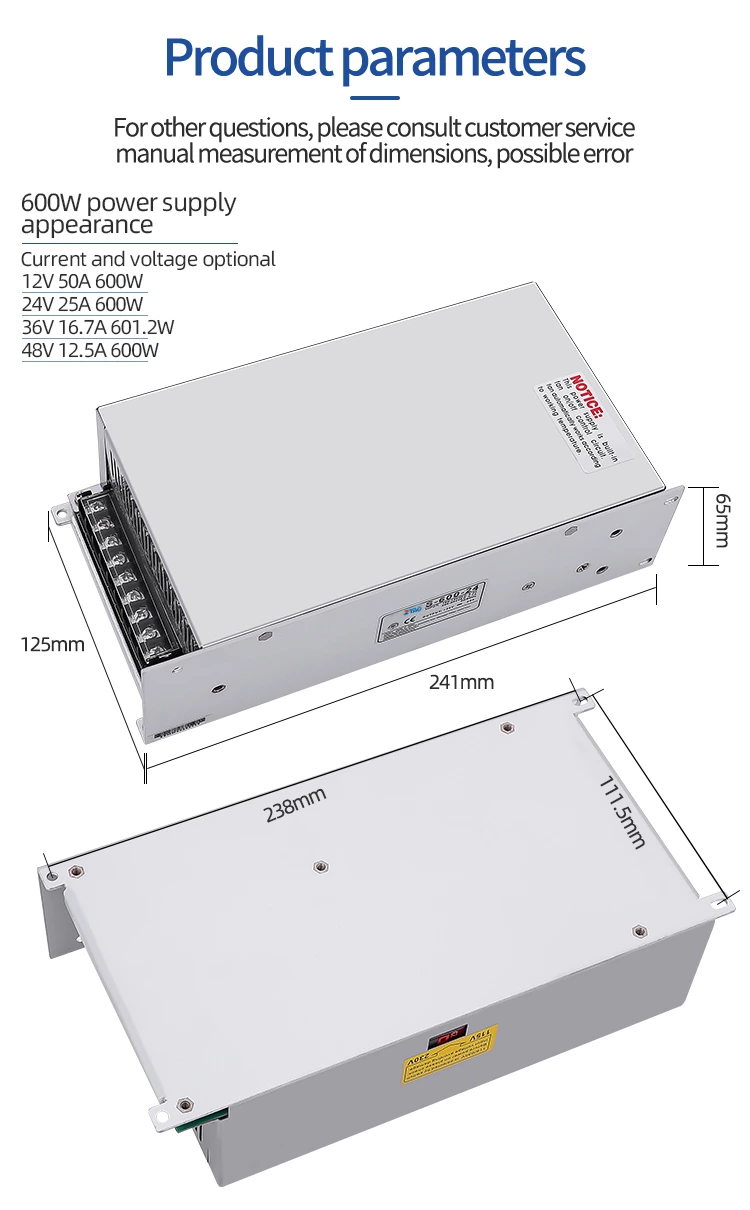 600W 24V 25A DC Switching Power Supply 12v 50a for Industrial Control Equipment