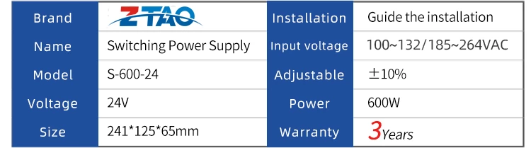 600W 24V 25A DC Switching Power Supply 12v 50a for Industrial Control Equipment