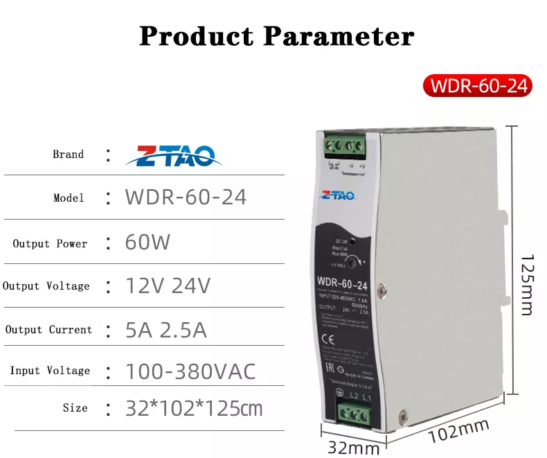 WDR-60-24 380V Input 60W 24V 2.5A Industrial Control AC to DC SMPS DIN Rail Power Supply