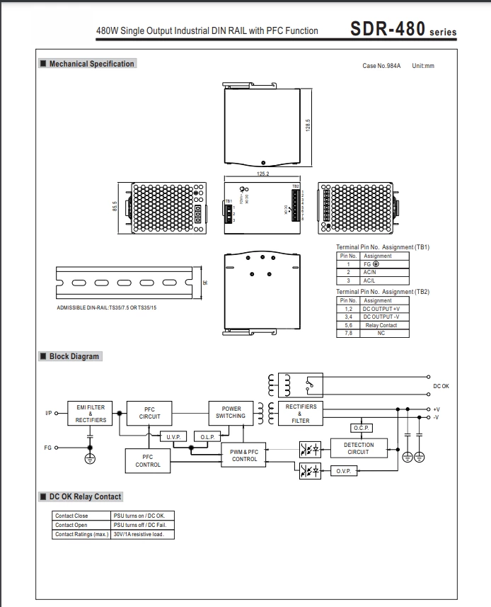 SDR-480 24V 20A 48V 10A Pfc Din Rail Mounted Switch Mode Power Supply