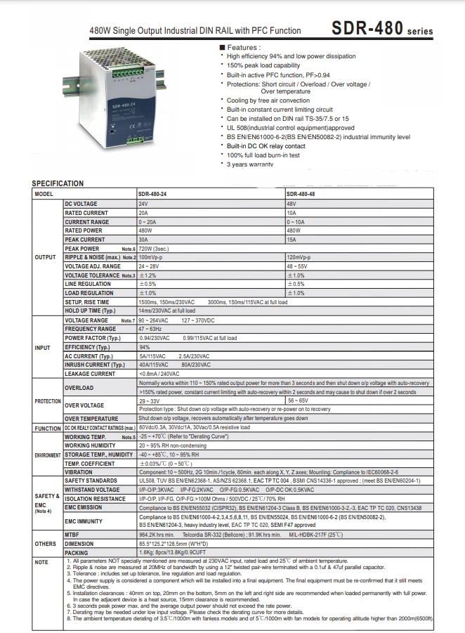 SDR-480 24V 20A 48V 10A Pfc Din Rail Mounted Switch Mode Power Supply
