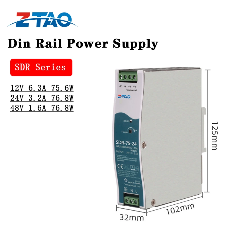SDR-75-12 75W 6.3A 12V 24V 3.2A DC Pfc DIN Rail Switching Power Supply