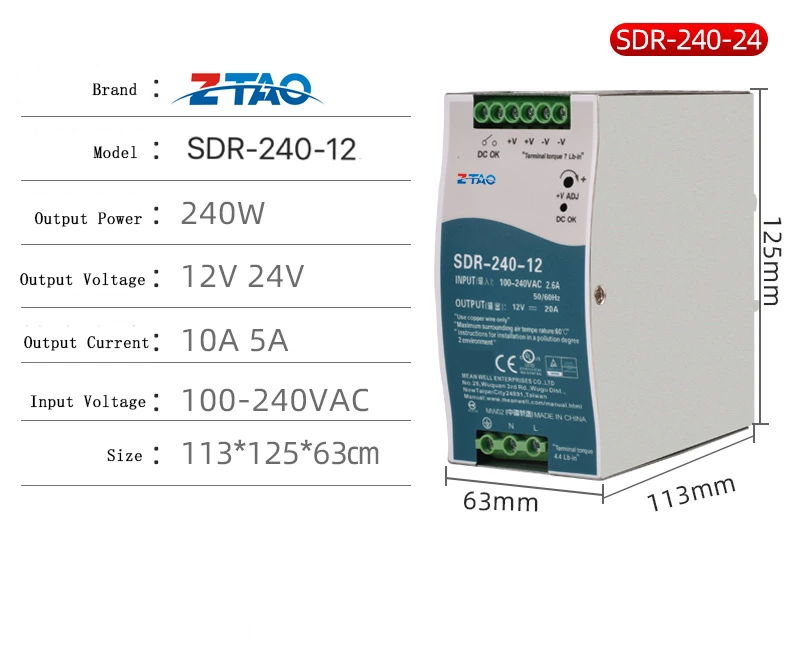 SDR-240-24 24V 10A 48V 5A DC Pfc DIN Rail SMPS Switching Power Supply