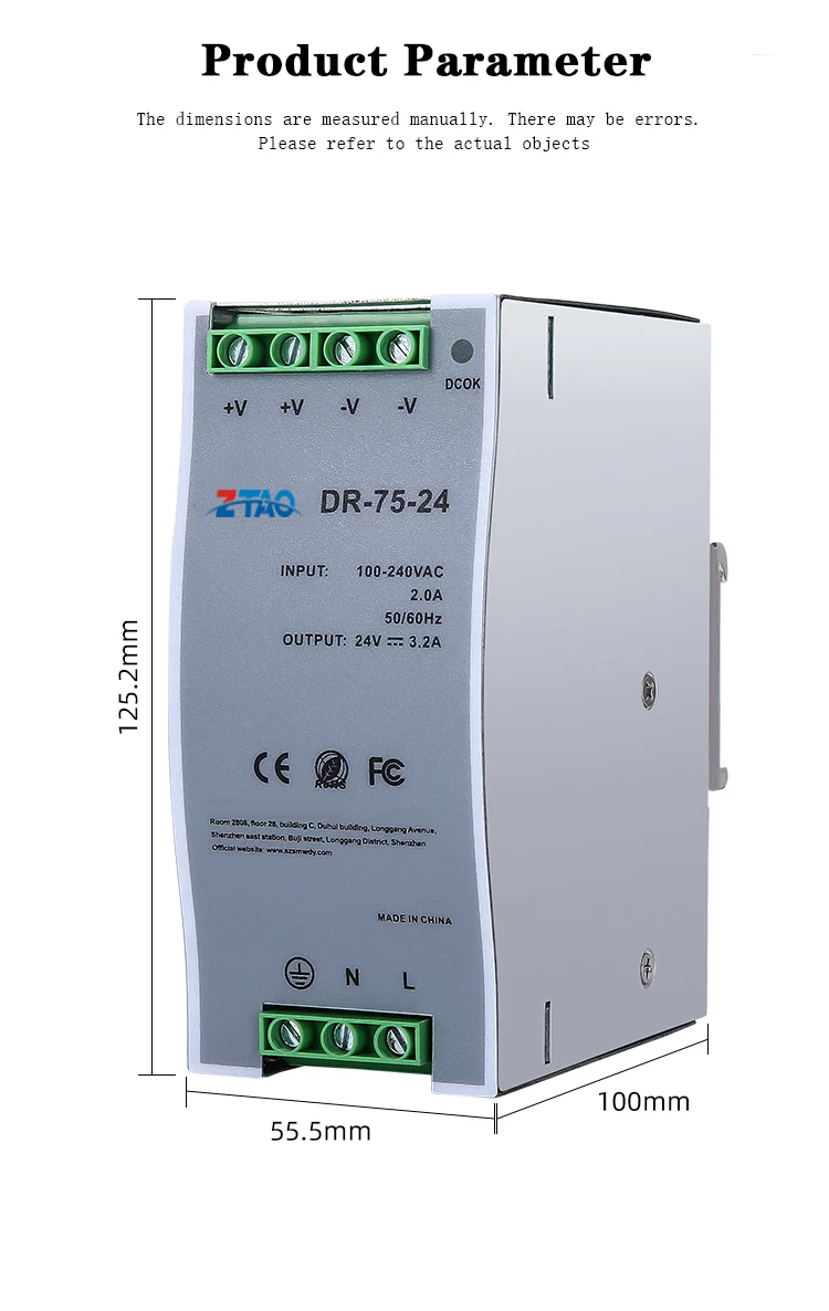 Dr-75-24 Smps 24vdc 12v 6.3a 24v 3.2a 48v 1.6a 75w Industrial Din Rail Switching Mode Power Supply