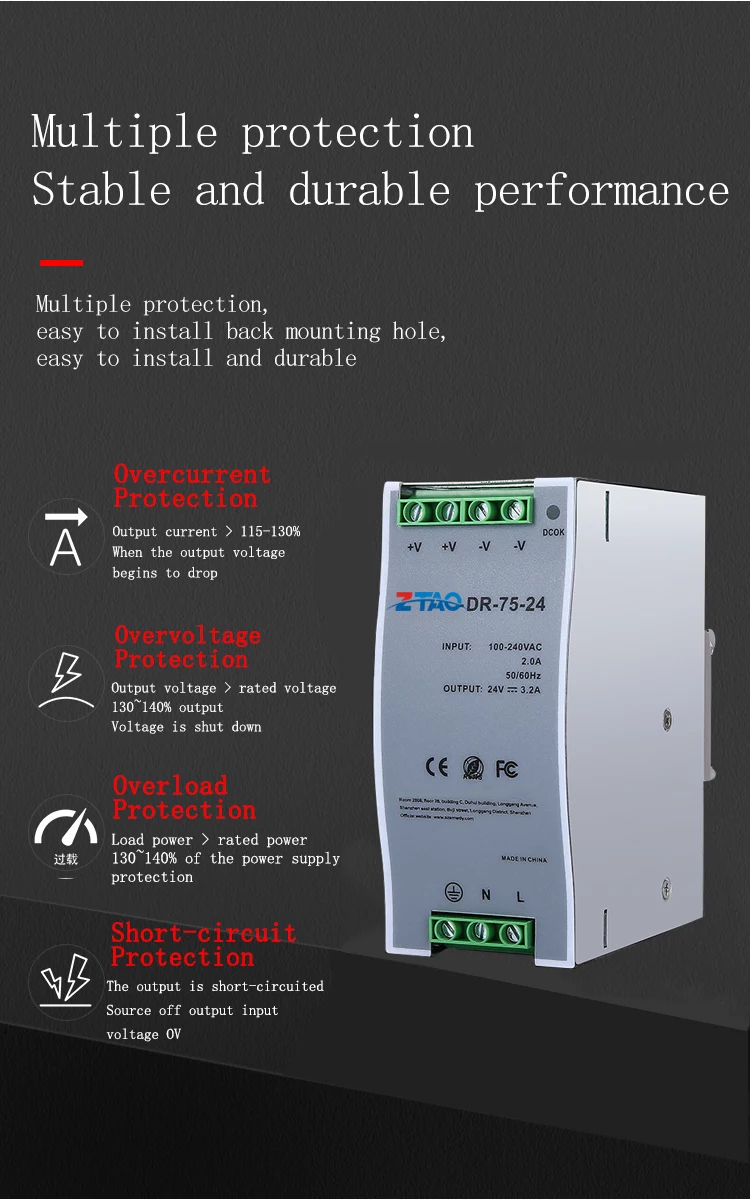 Dr-75-24 Smps 24vdc 12v 6.3a 24v 3.2a 48v 1.6a 75w Industrial Din Rail Switching Mode Power Supply
