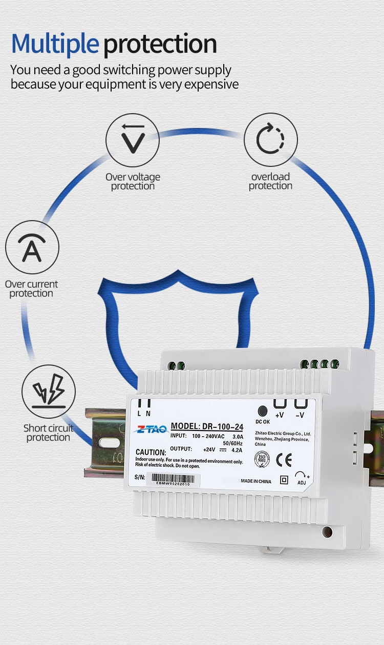 Dr-100-24 Slim Type 100w Dc 12v 7.5A 24v 4.2A Ac to Dc Din Rail Switching Power Supply