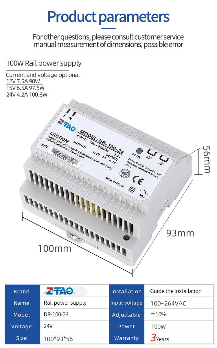 Dr-100-24 Slim Type 100w Dc 12v 7.5A 24v 4.2A Ac to Dc Din Rail Switching Power Supply