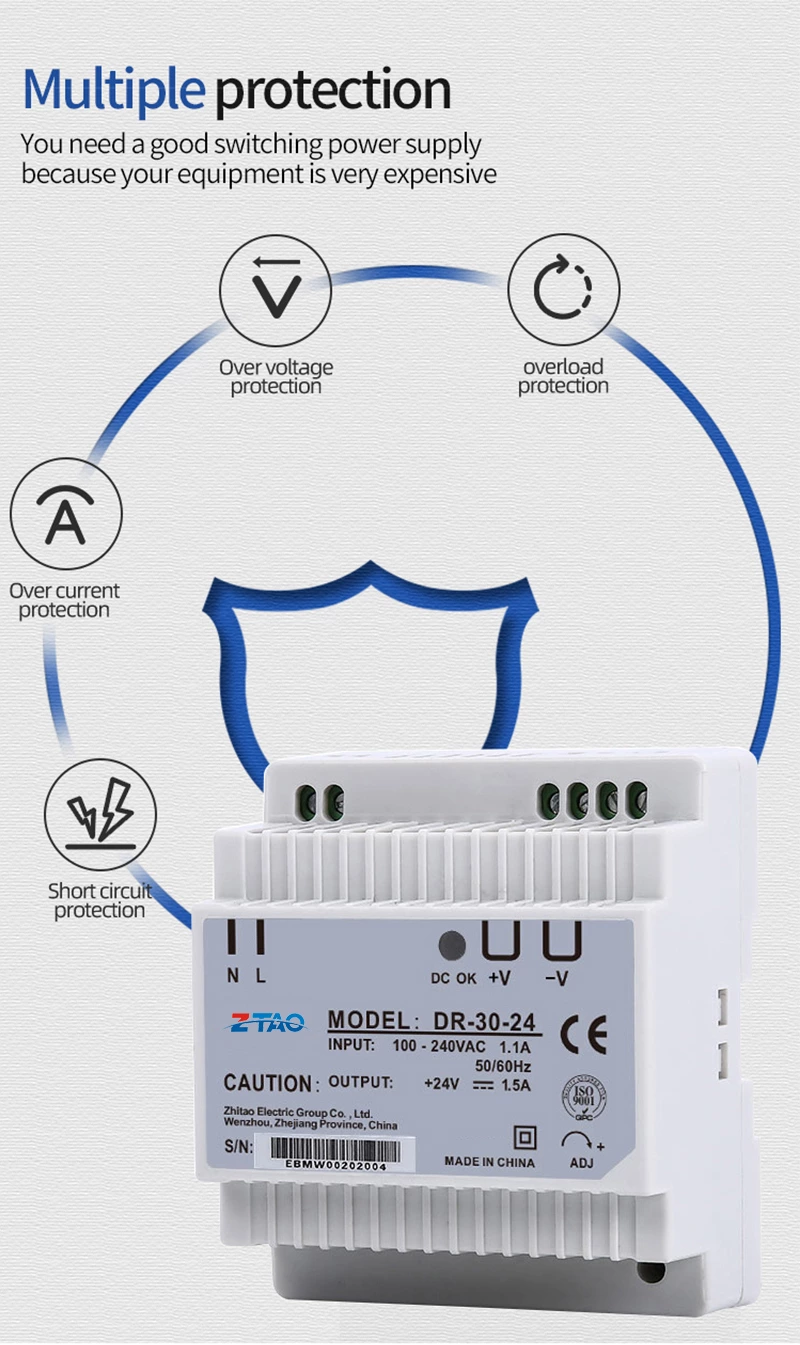 DR-30-24 Constant Voltage Single Output 5V 12v 24V 48V Ac Dc Industrial Din Rail Switching Power Supply for Led