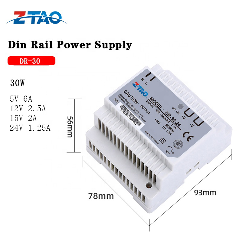 DR-30-24 Constant Voltage Single Output 5V 12v 24V 48V Ac Dc Industrial Din Rail Switching Power Supply for Led