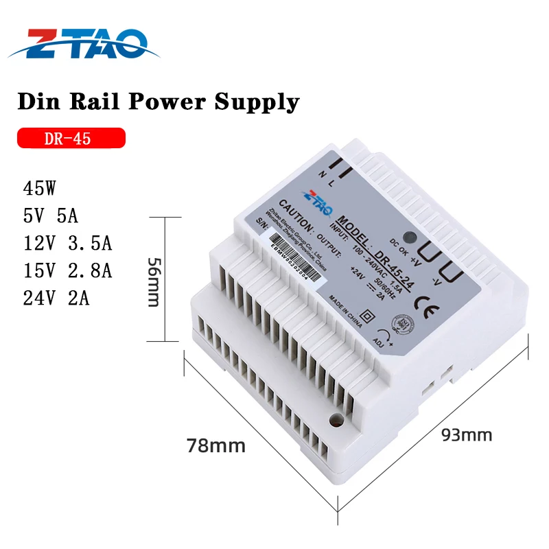 DR-45-24 DIN Rail Single Output ZTAOJT 45W 24V 2A Led Switching Power Supply