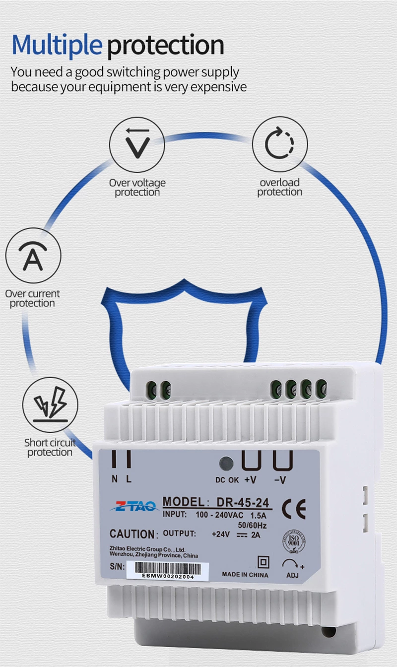 DR-45-24 DIN Rail Single Output ZTAOJT 45W 24V 2A Led Switching Power Supply