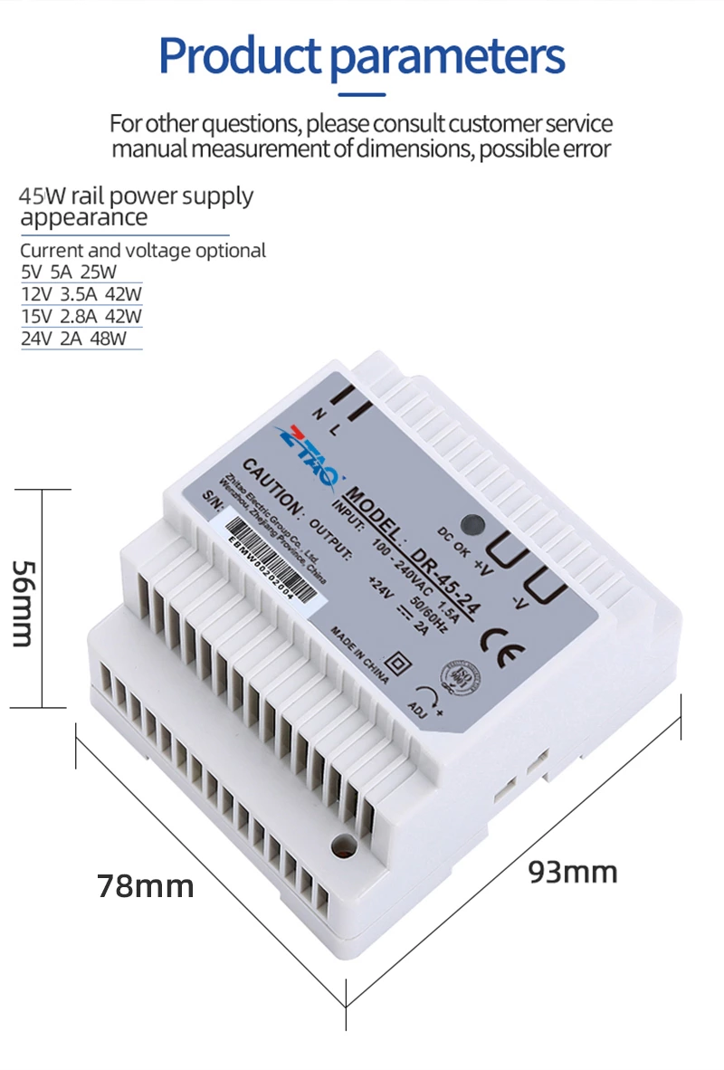 DR-45-24 DIN Rail Single Output ZTAOJT 45W 24V 2A Led Switching Power Supply