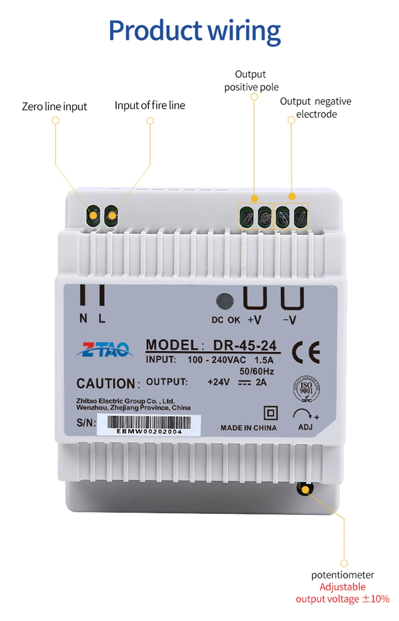 DR-45-24 DIN Rail Single Output ZTAOJT 45W 24V 2A Led Switching Power Supply