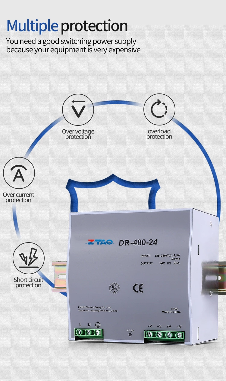 DR-480 480W 20A 24Vdc Din Rail Power Supply 12v dc to 24v dc Din-Rail Switching Power Supply