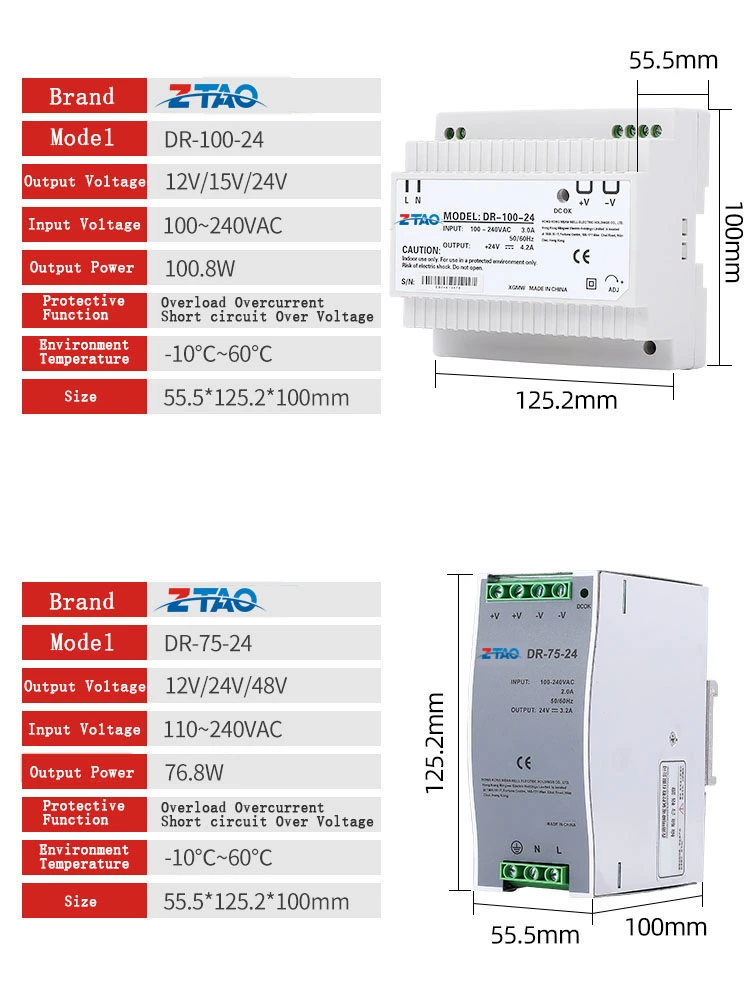 Single Output15W 60W 120W 240W 480W AC DC 12V 24V Industrial Din Rail Power Supply