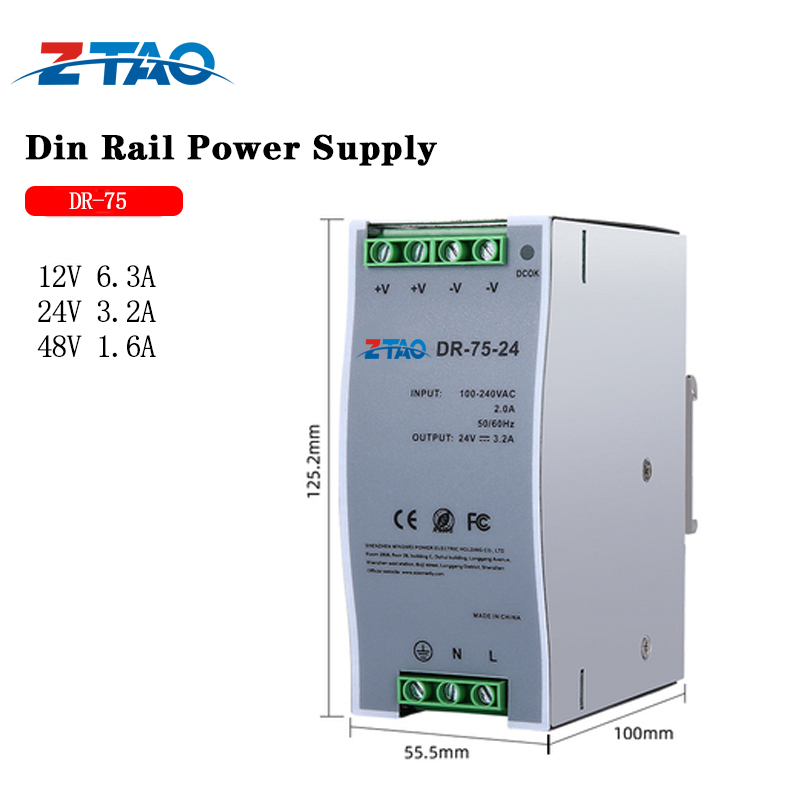 Dr-75-24 Smps 24vdc 12v 6.3a 24v 3.2a 48v 1.6a 75w Industrial Din Rail Switching Mode Power Supply