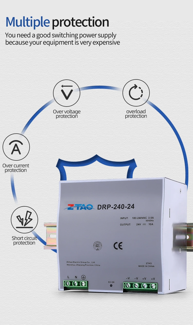 Single Output 240W 5A 48V DC DRP-240-24 10A 24V DIN Rail Ups Switching Power Supply