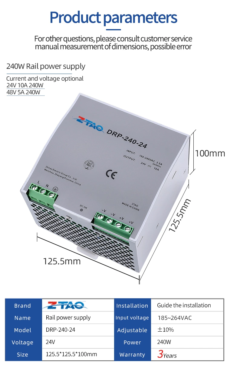 Single Output 240W 5A 48V DC DRP-240-24 10A 24V DIN Rail Ups Switching Power Supply