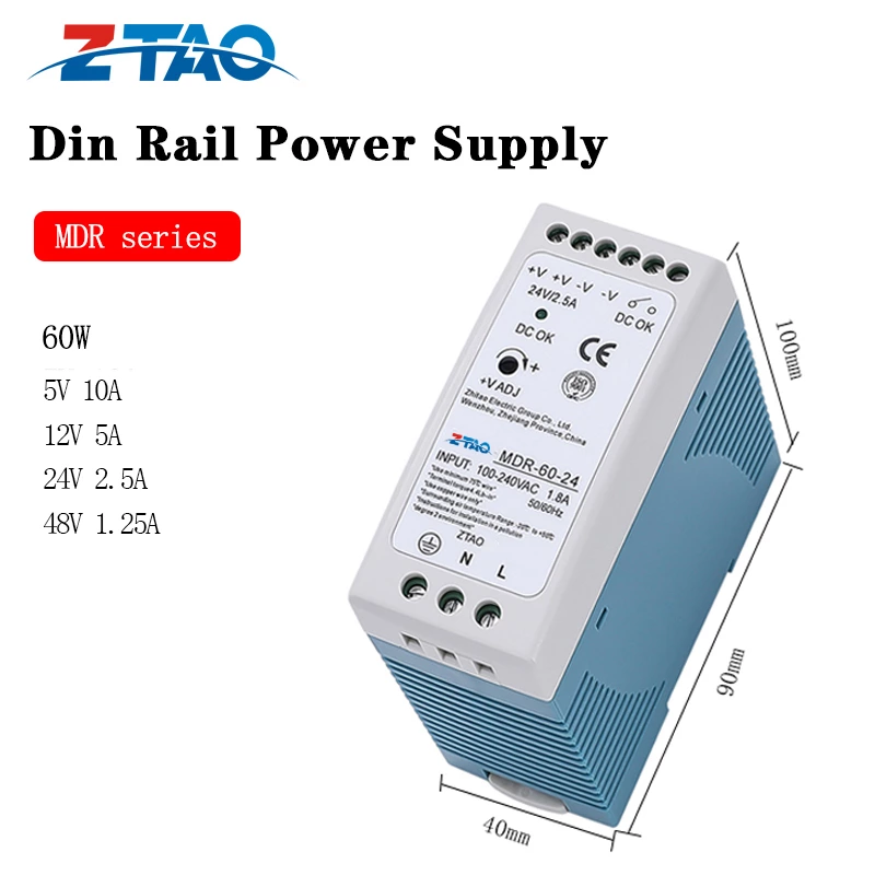 Hot Item Mdr-60 DC Din Rail 60w 24v Smps 5v 10a 12v 5a 24v 2.5a Switching Power Supply for Led