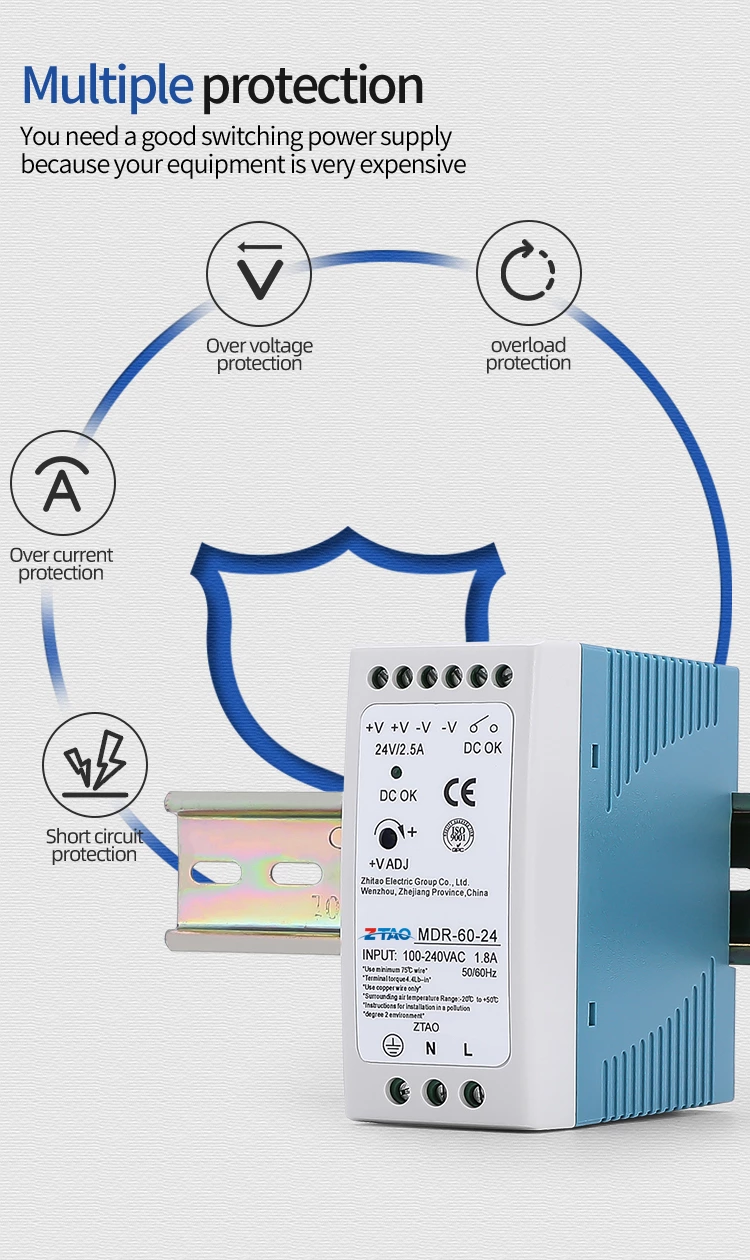 Hot Item Mdr-60 DC Din Rail 60w 24v Smps 5v 10a 12v 5a 24v 2.5a Switching Power Supply for Led
