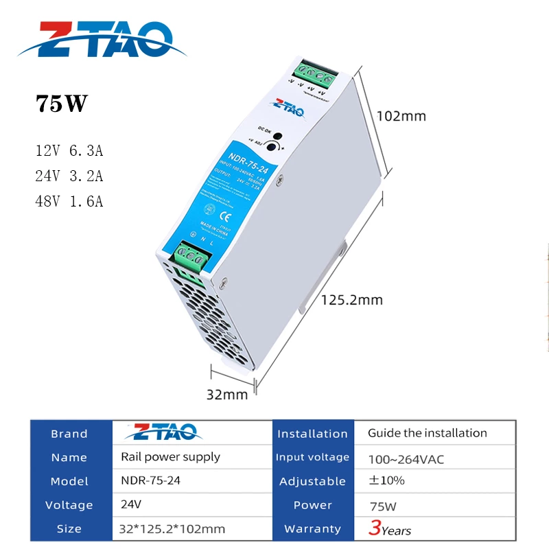 NDR-75-24 75w Din Rail Power Supply 12V 6.3A 24V 3.2A Dc Switching Power Supply
