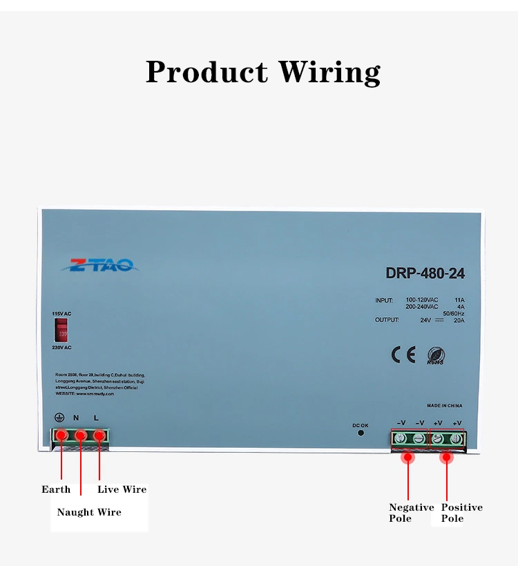 DRP-480-24 24 Voltage 480W Ac Dc 20A 48V 10A DC Transformer Din Rail Power Supply Industrial Control