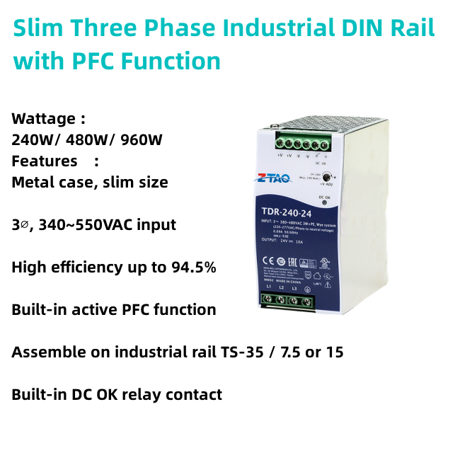 Tdr Switching Power Supply 240W 480W 960W 24V 40A Pfc DIN Rail Three-Phase Rail Power LED Driver