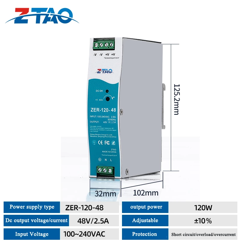 ZER-120-24 switch power supply  Ac to Dc power inverters 24v 5a din rail adapters for LED LIGHT