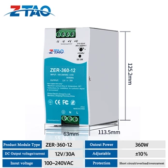 ZER-360-24 din rail switching power supply 360w 24v 12V 48V power supply